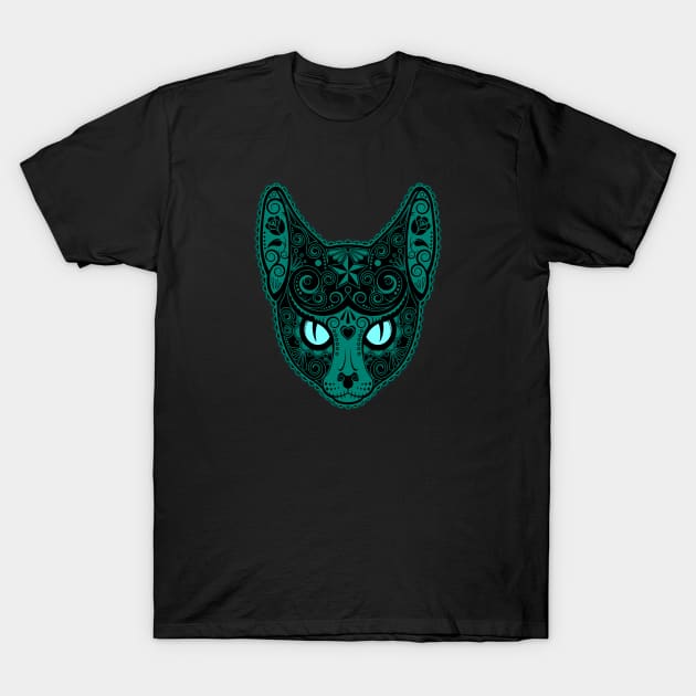 Decorated Teal Blue Sugar Skull Cat T-Shirt by jeffbartels